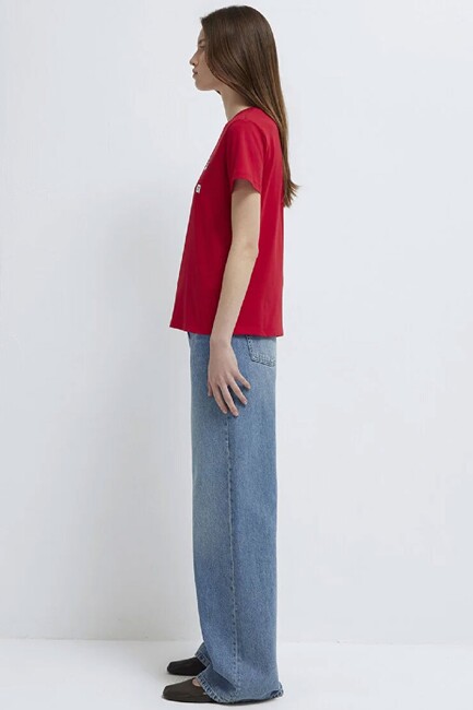 Kadın Kedi Baskılı Tişört 1613723-70935 Kırmızı - Thumbnail