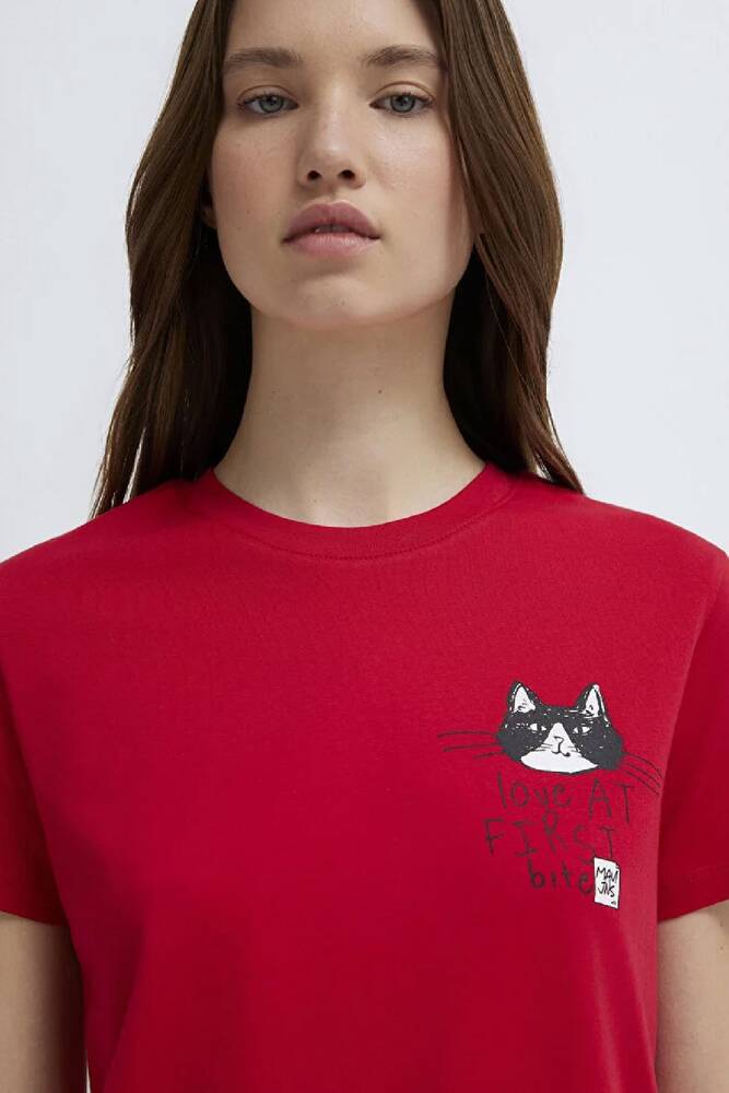 Kadın Kedi Baskılı Tişört 1613723-70935 Kırmızı 