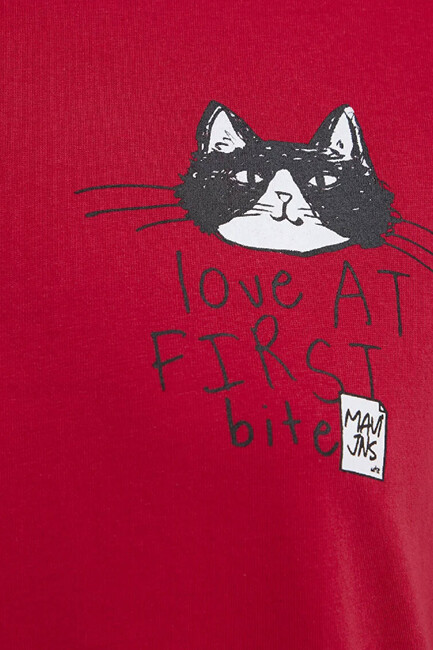 Kadın Kedi Baskılı Tişört 1613723-70935 Kırmızı - Thumbnail
