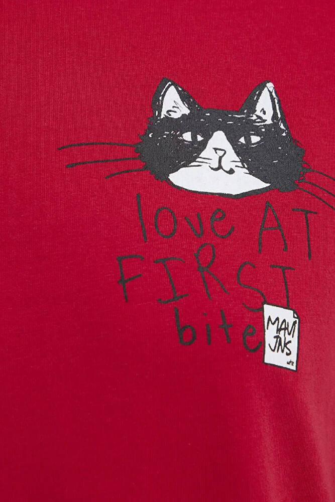 Kadın Kedi Baskılı Tişört 1613723-70935 Kırmızı 