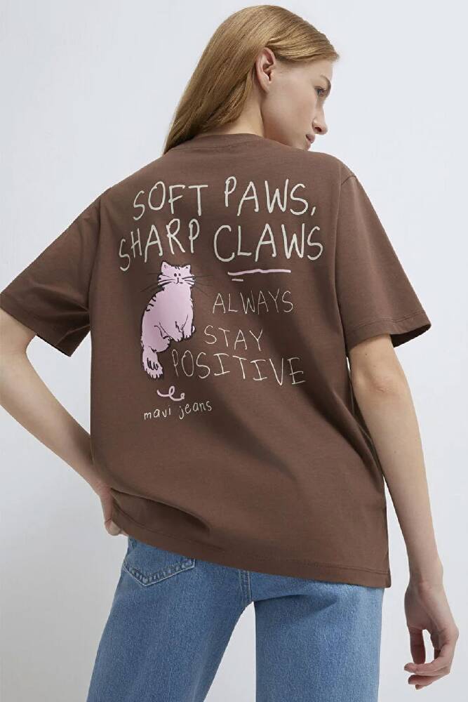 Kadın Kedi Baskılı Tişört 1613726-81959 Kahve 