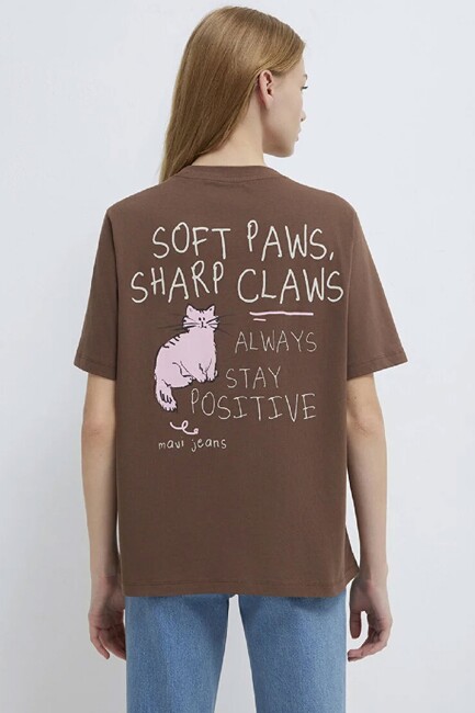 Kadın Kedi Baskılı Tişört 1613726-81959 Kahve - Thumbnail