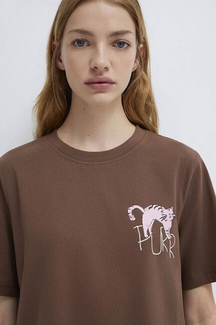 Kadın Kedi Baskılı Tişört 1613726-81959 Kahve - Thumbnail