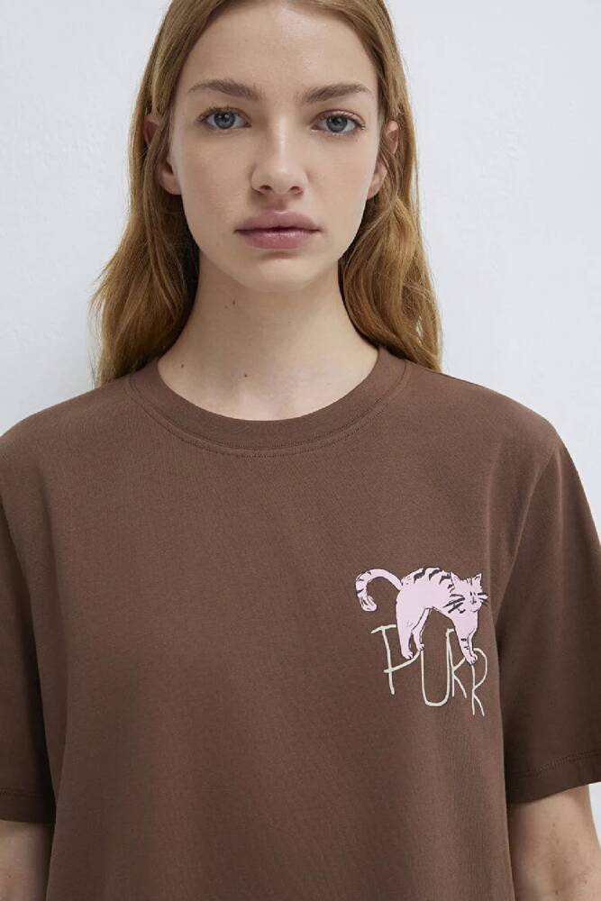 Kadın Kedi Baskılı Tişört 1613726-81959 Kahve 