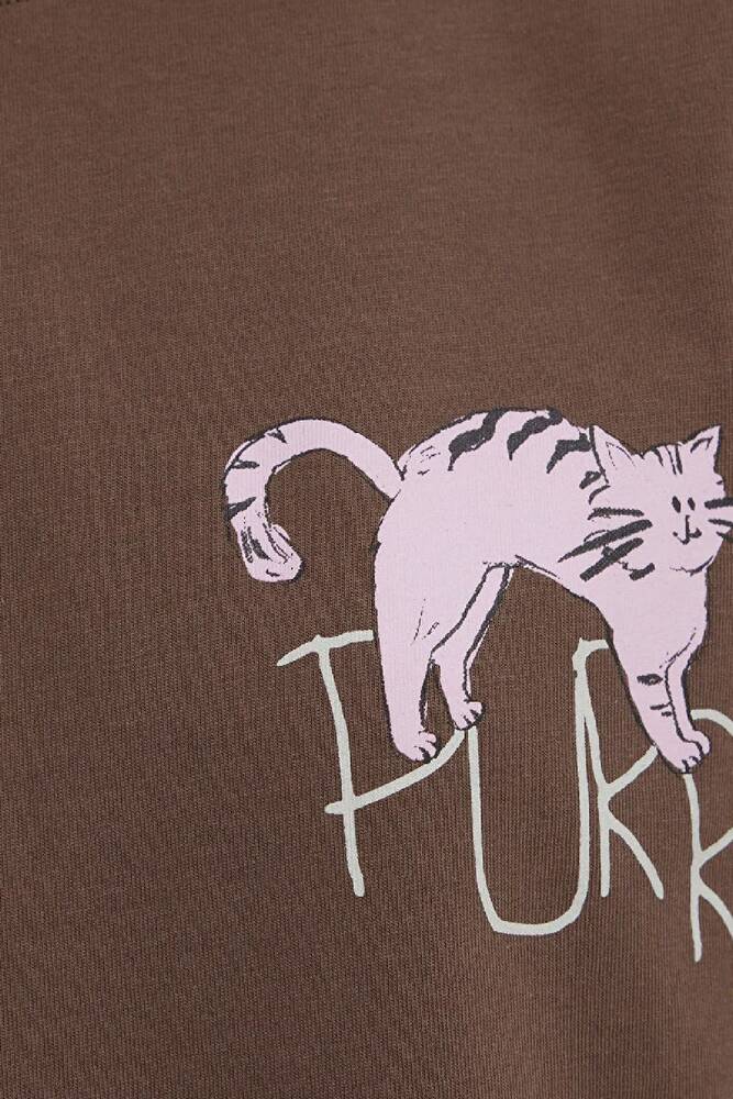 Kadın Kedi Baskılı Tişört 1613726-81959 Kahve 