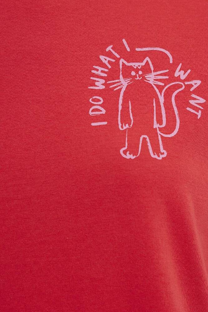 Kadın Kedi Baskılı Tişört 1613873-71083 Kırmızı 