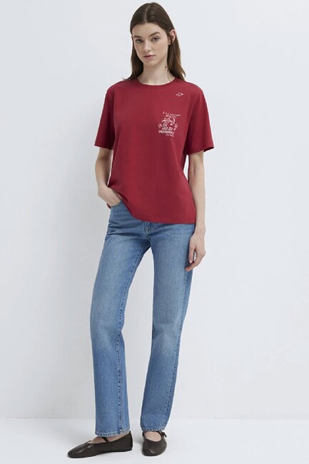 Kadın Kedi Baskılı Tişört 1613875-70391 Kırmızı (2)