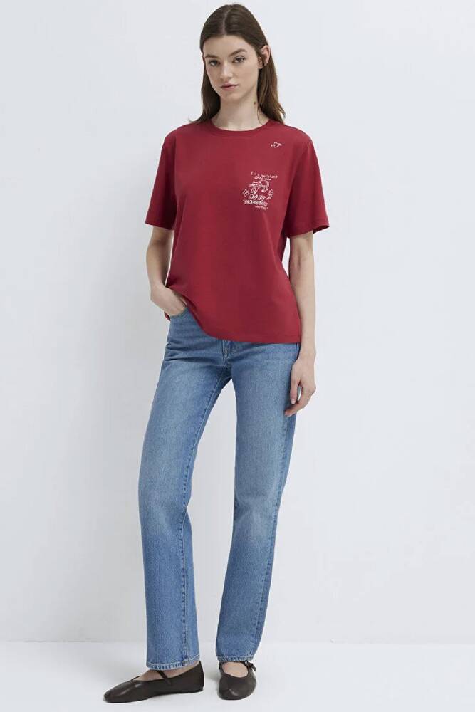 Kadın Kedi Baskılı Tişört 1613875-70391 Kırmızı 