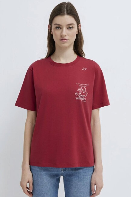 Kadın Kedi Baskılı Tişört 1613875-70391 Kırmızı - Thumbnail