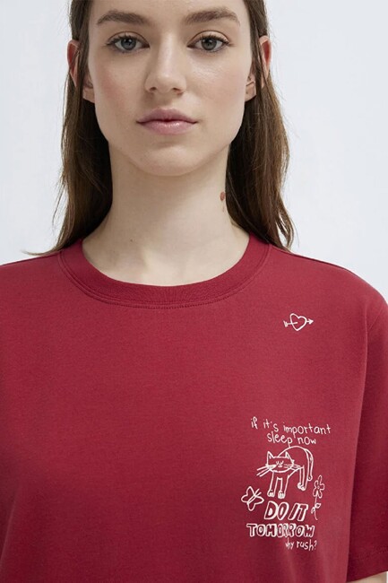 Kadın Kedi Baskılı Tişört 1613875-70391 Kırmızı - Thumbnail