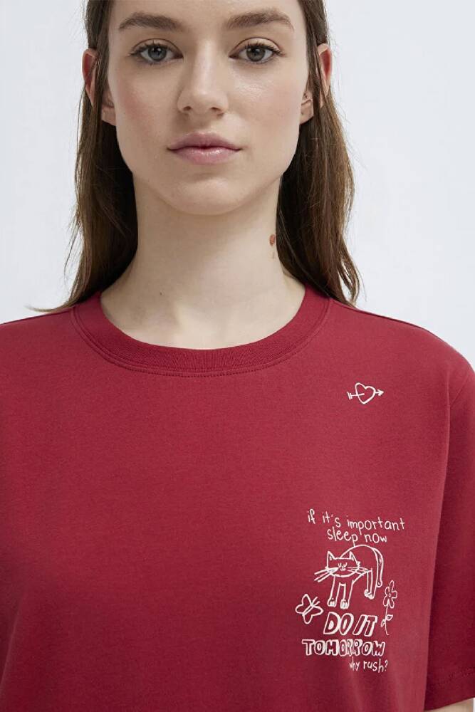 Kadın Kedi Baskılı Tişört 1613875-70391 Kırmızı 