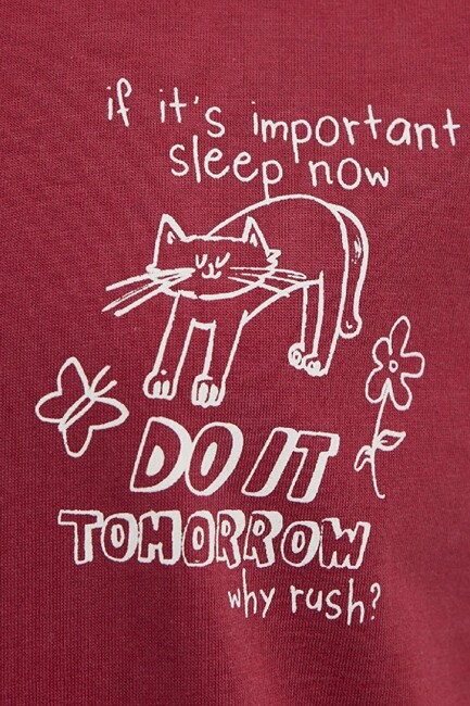 Kadın Kedi Baskılı Tişört 1613875-70391 Kırmızı - Thumbnail