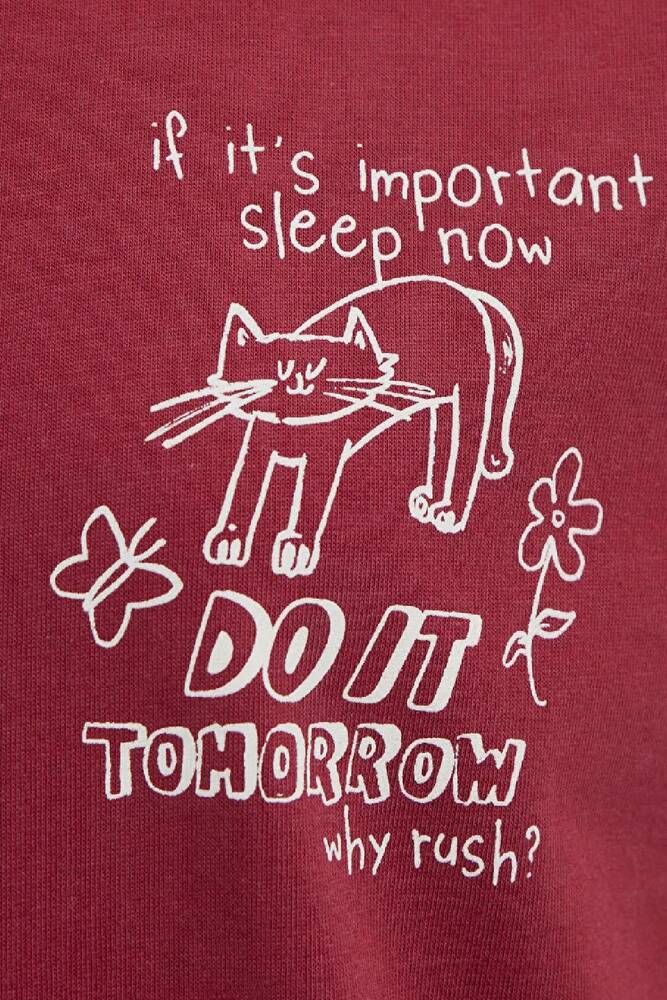 Kadın Kedi Baskılı Tişört 1613875-70391 Kırmızı 