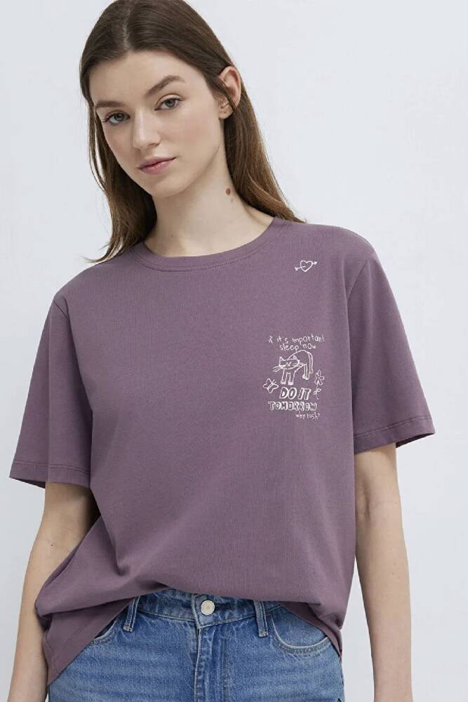 Kadın Kedi Baskılı Tişört 1613875-70648 Mor 