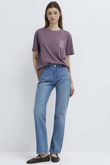 Kadın Kedi Baskılı Tişört 1613875-70648 Mor (2)