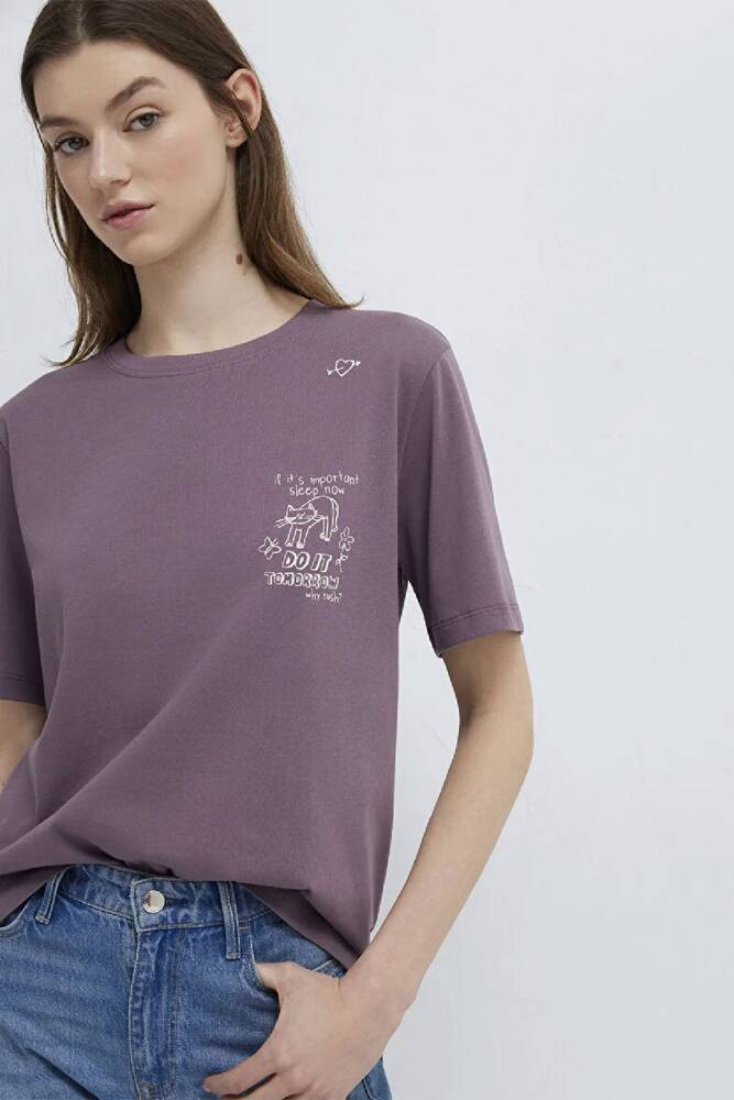 Kadın Kedi Baskılı Tişört 1613875-70648 Mor 