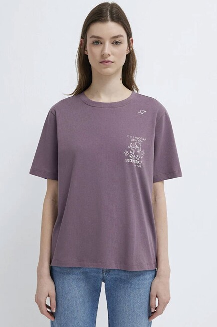 Kadın Kedi Baskılı Tişört 1613875-70648 Mor - Thumbnail