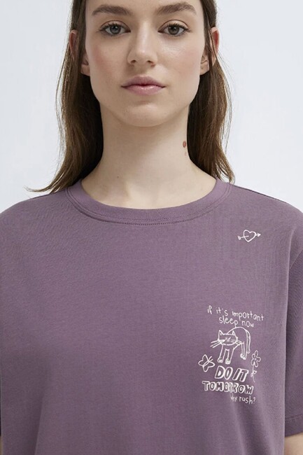 Kadın Kedi Baskılı Tişört 1613875-70648 Mor - Thumbnail