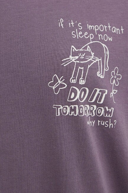 Kadın Kedi Baskılı Tişört 1613875-70648 Mor - Thumbnail