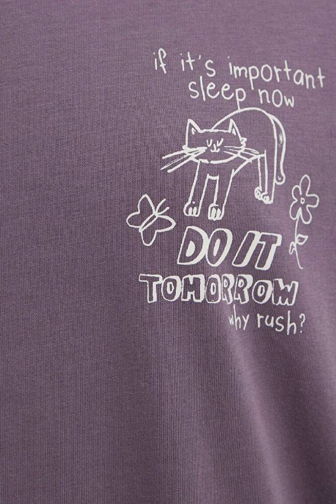 Kadın Kedi Baskılı Tişört 1613875-70648 Mor 