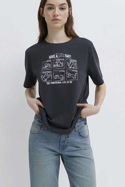 Kadın Kedi Baskılı Tişört 1613876-83620 Gri (1)