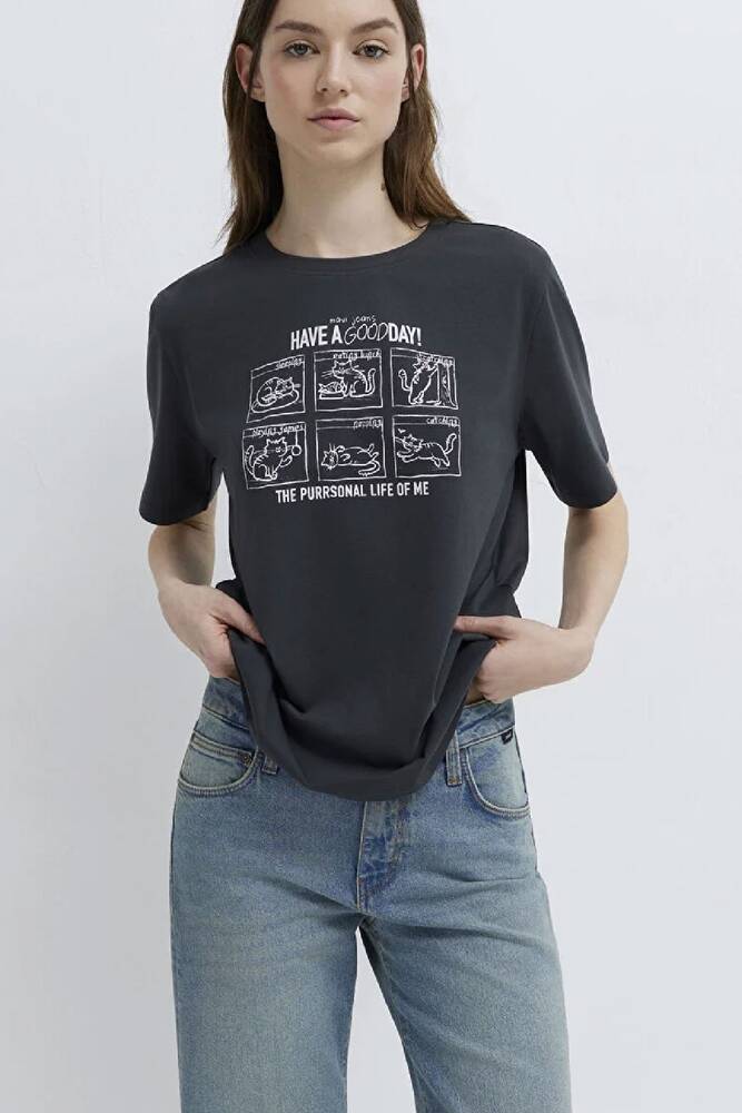 Kadın Kedi Baskılı Tişört 1613876-83620 Gri 