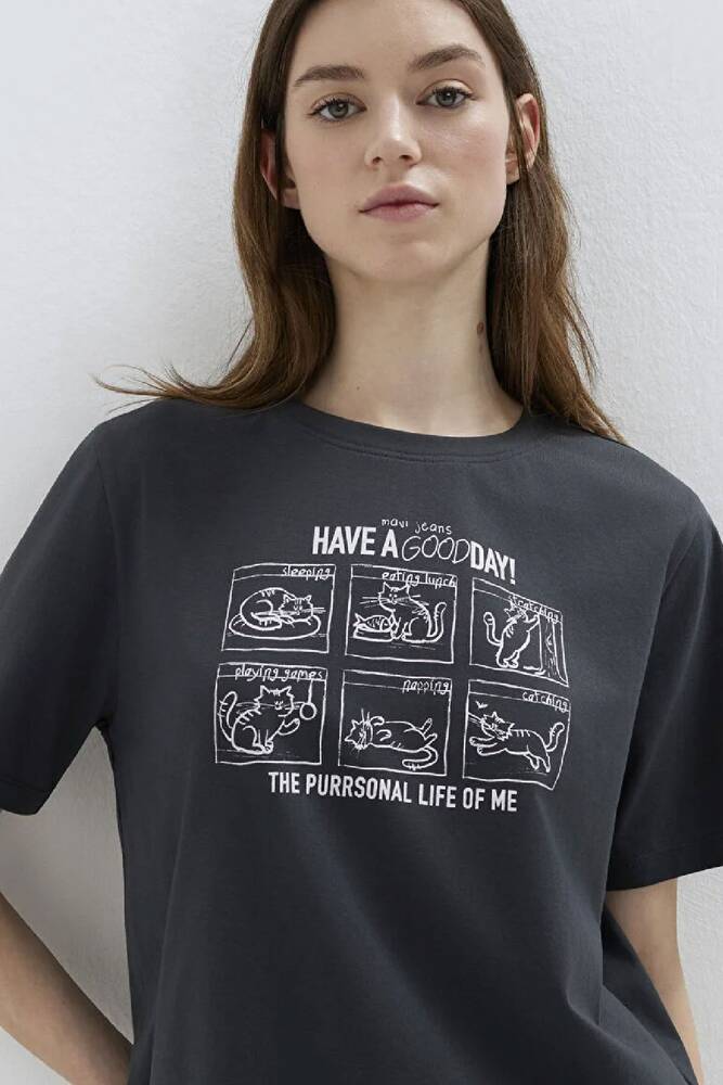 Kadın Kedi Baskılı Tişört 1613876-83620 Gri 
