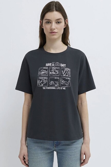 Kadın Kedi Baskılı Tişört 1613876-83620 Gri (3)