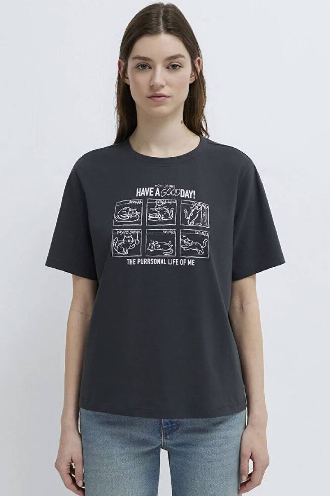 Kadın Kedi Baskılı Tişört 1613876-83620 Gri 