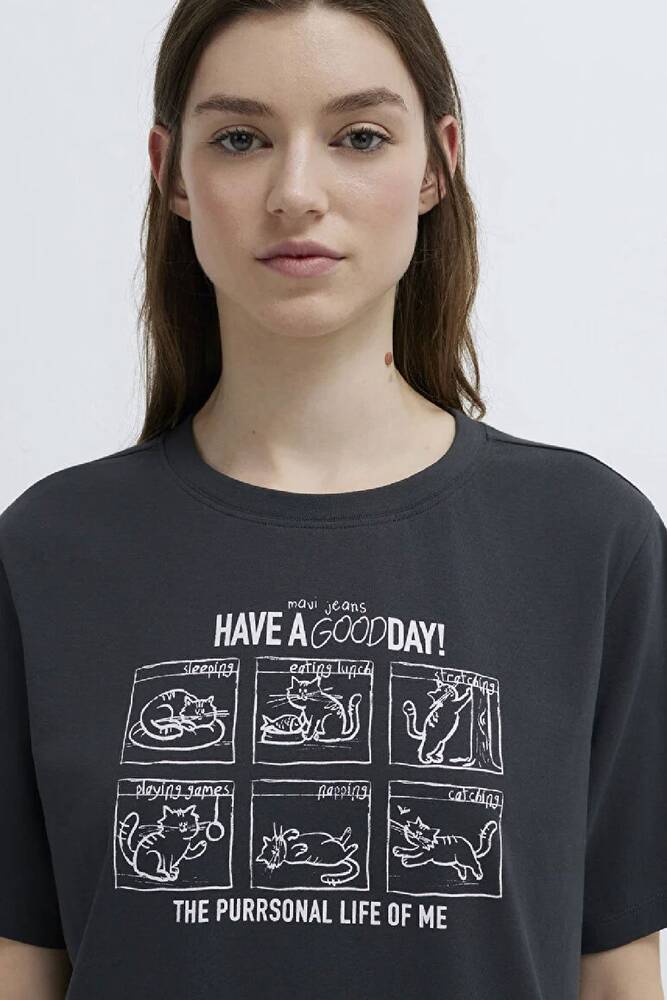 Kadın Kedi Baskılı Tişört 1613876-83620 Gri 