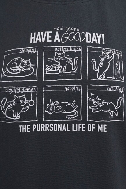 Kadın Kedi Baskılı Tişört 1613876-83620 Gri - Thumbnail
