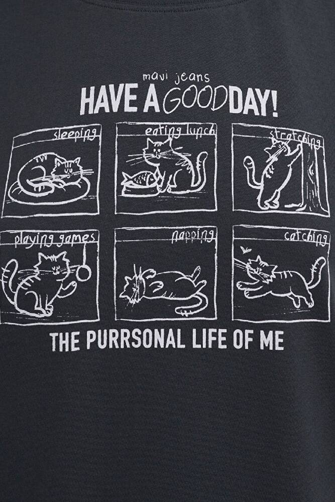 Kadın Kedi Baskılı Tişört 1613876-83620 Gri 