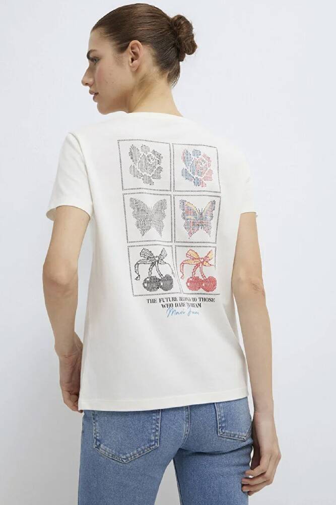 Kadın Kelebek Baskılı Tişört 1613744-80194 Ekru 