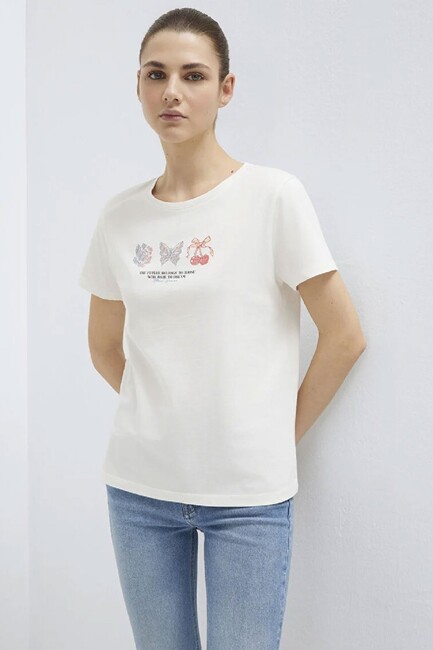 Kadın Kelebek Baskılı Tişört 1613744-80194 Ekru (2)