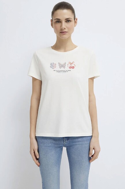 Kadın Kelebek Baskılı Tişört 1613744-80194 Ekru (3)