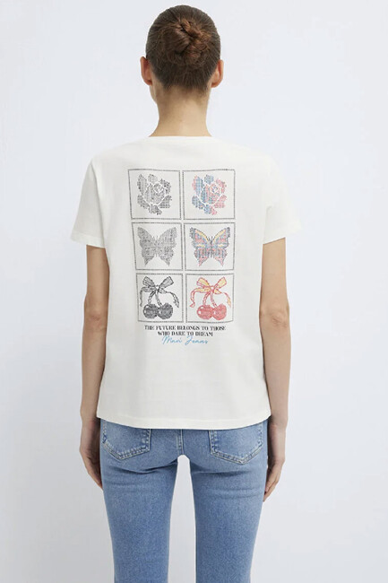 Kadın Kelebek Baskılı Tişört 1613744-80194 Ekru - Thumbnail