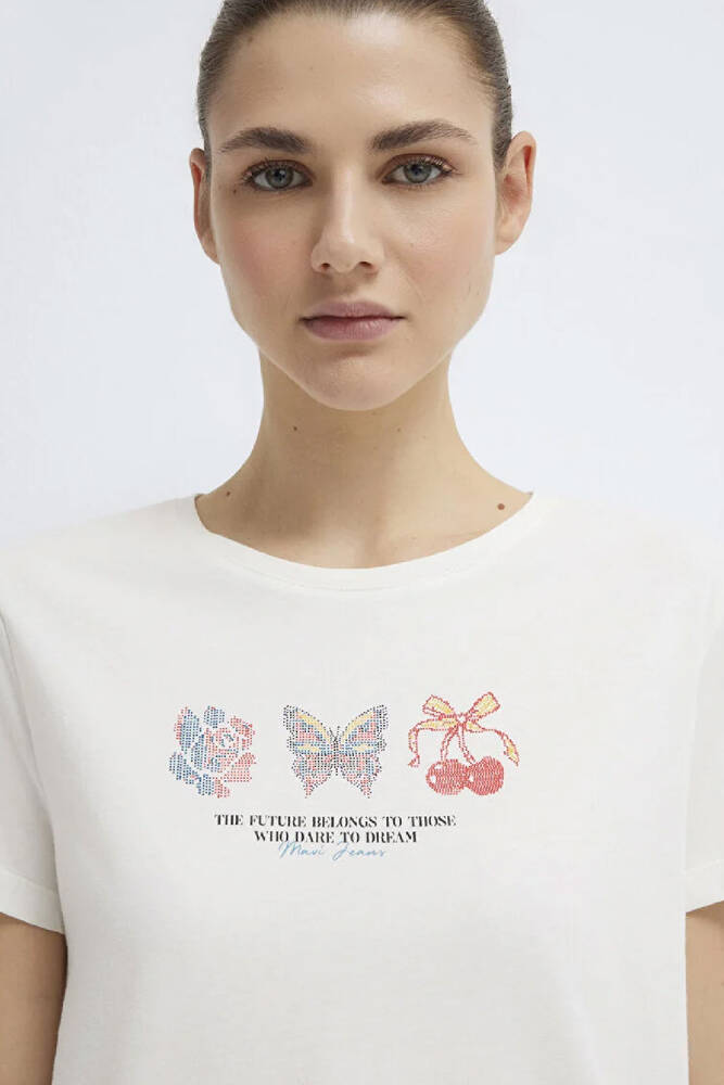 Kadın Kelebek Baskılı Tişört 1613744-80194 Ekru 