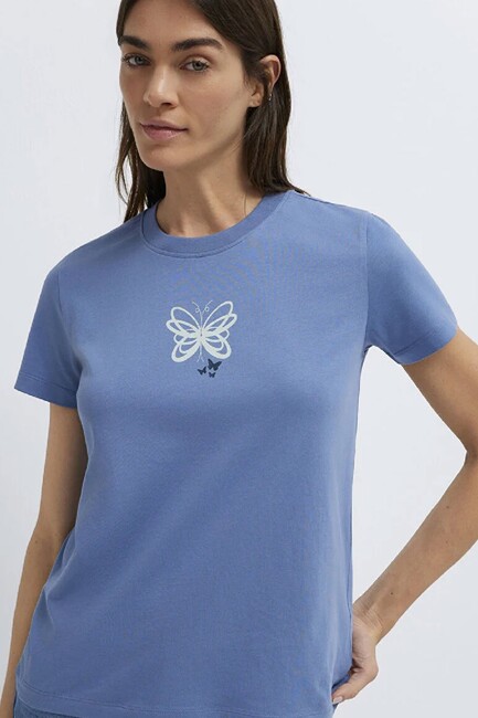 Kadın Kelebek Basklı Tişört 1613870-70728 Mavi (1)