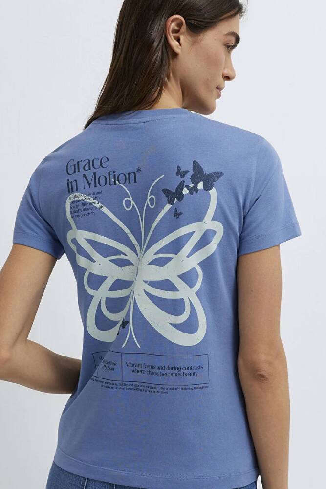 Kadın Kelebek Basklı Tişört 1613870-70728 Mavi 