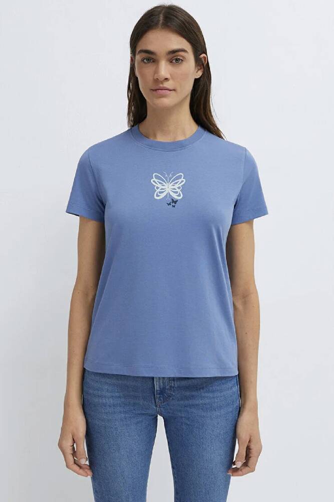 Kadın Kelebek Basklı Tişört 1613870-70728 Mavi 