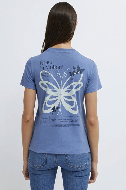 Kadın Kelebek Basklı Tişört 1613870-70728 Mavi - Thumbnail