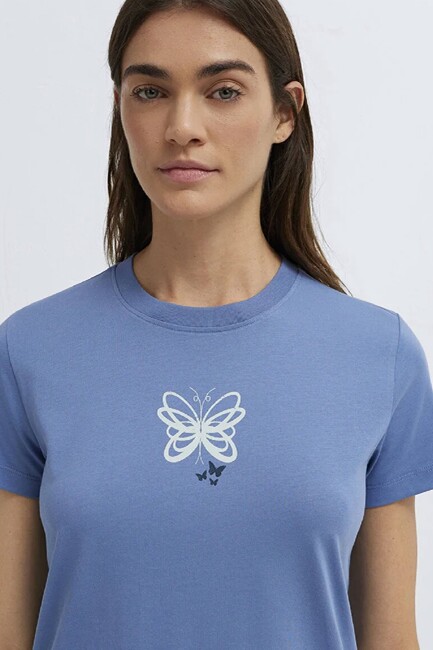 Kadın Kelebek Basklı Tişört 1613870-70728 Mavi - Thumbnail