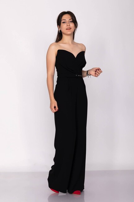 Kadın Kemerli Straplez Krep Tulum 19070116 Siyah (1)