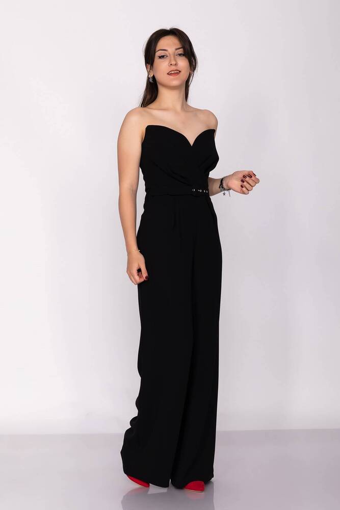 Kadın Kemerli Straplez Krep Tulum 19070116 Siyah 