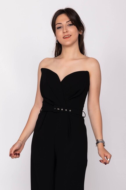 Kadın Kemerli Straplez Krep Tulum 19070116 Siyah (2)