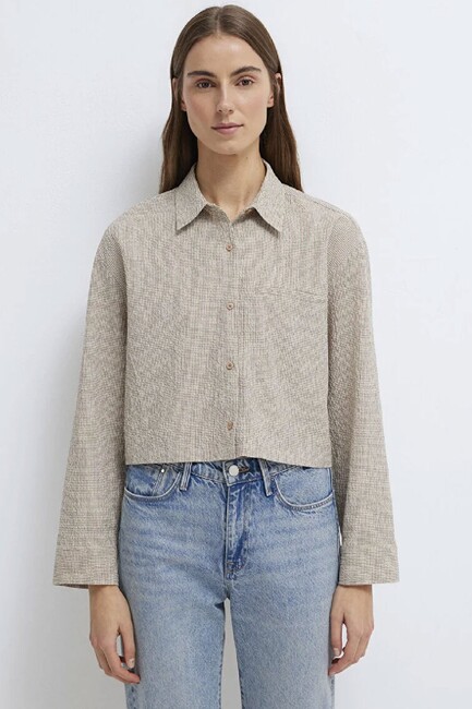 Kadın Kısa Dokuma Gömlek 1211388-83169 Kahve - Thumbnail