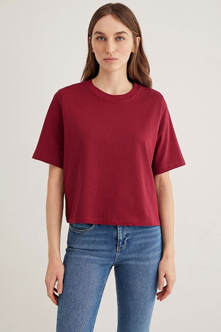 Kadın Kısa Kollu Basic Tişört 1613077-70430 Bordo - Thumbnail