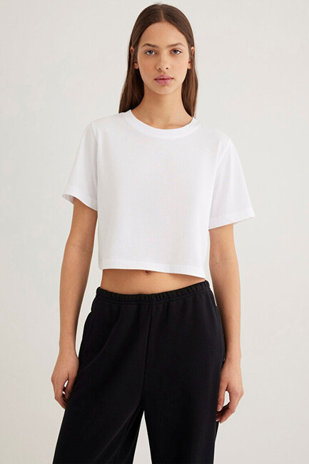 Kadın Kısa Kollu Crop Tişört 1613072-620 Beyaz - Thumbnail