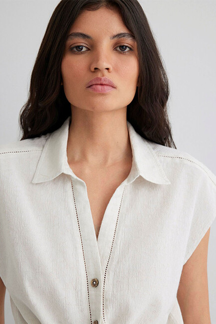 Kadın Kısa Kollu Gömlek 1211094-71609 Bej - Thumbnail