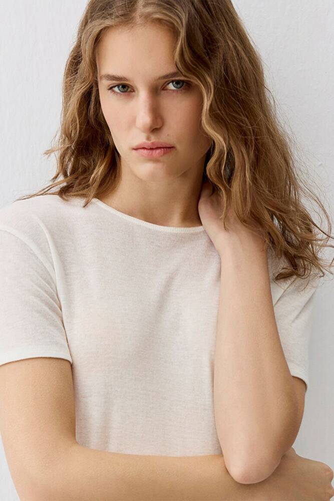 Kadın Kısa Kollu Modelli Penye 1613653-80194 Ekru 